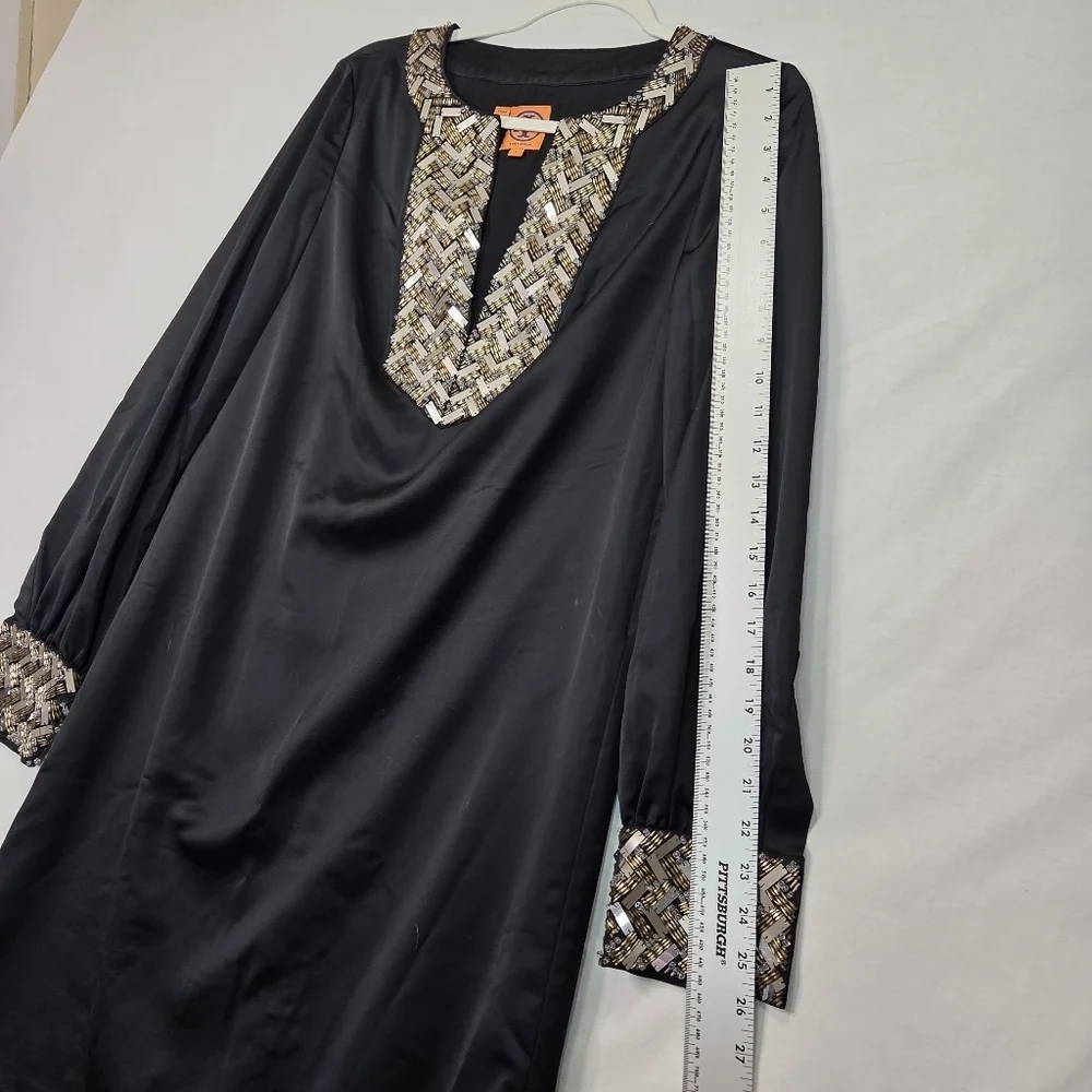 Tory Burch Black Embellished Shift Dress Size 8 Long Sleeve Beaded Neckline